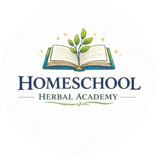 Open book with herbs and plant illustrations, promoting homeschooling herbal studies.